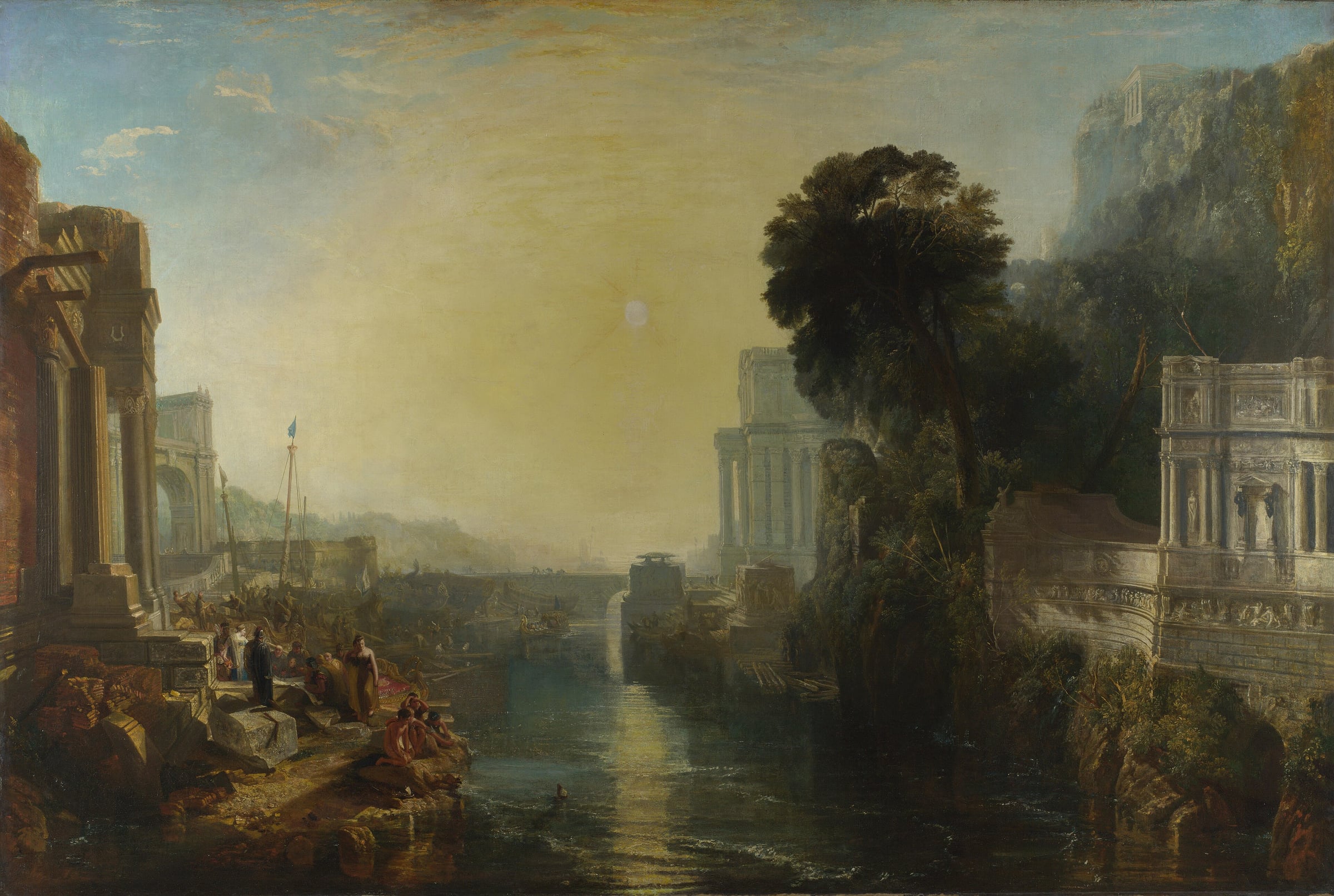 Dido, in white, directs the building of Carthage beside a harbour at sunrise, classical buildings rising on either side.